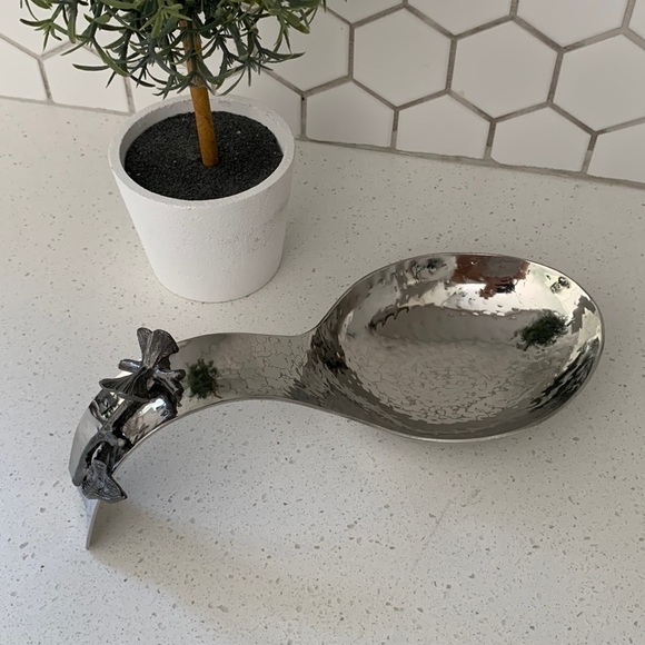 Spoon rest holder silver gray hammered flower‎ orchid details new. - Picture 1 of 9